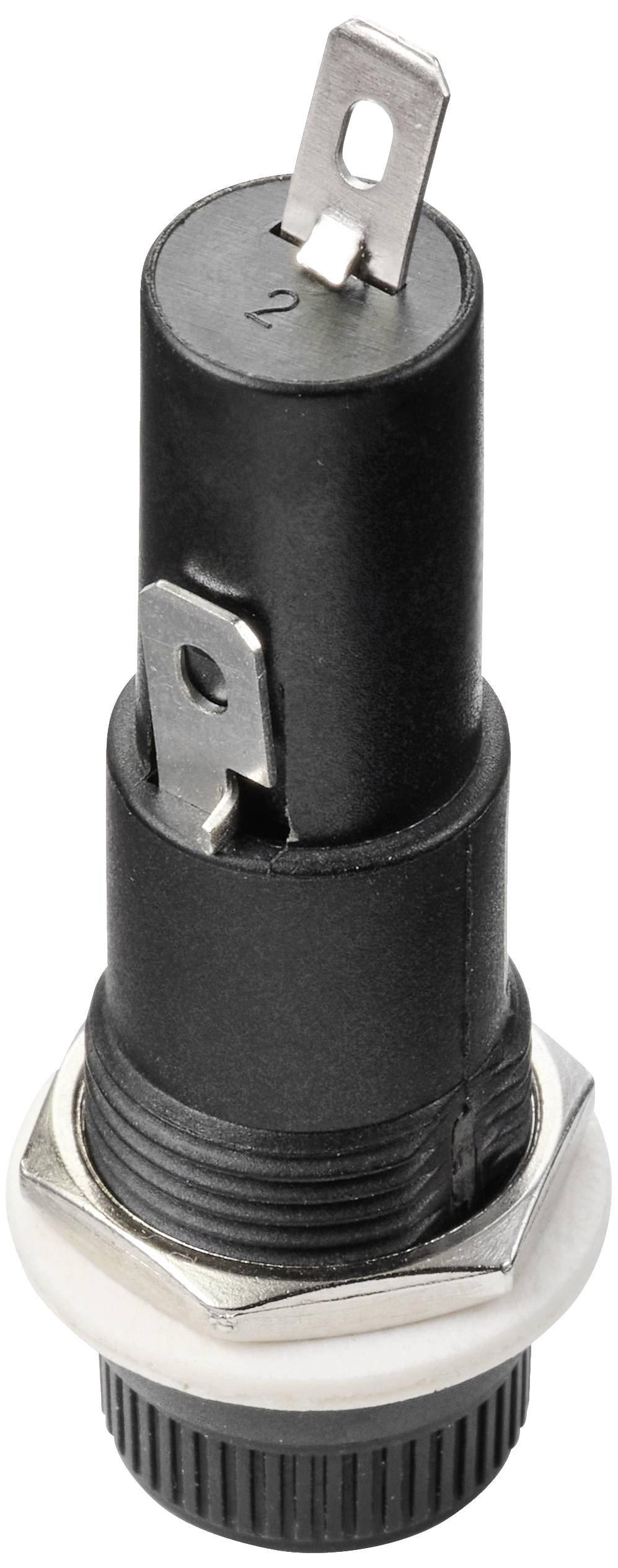 Černý válcový konektor se dvěma kovovými kontakty a vroubkovaným prstencem u základny, pravděpodobně elektrický spínač.