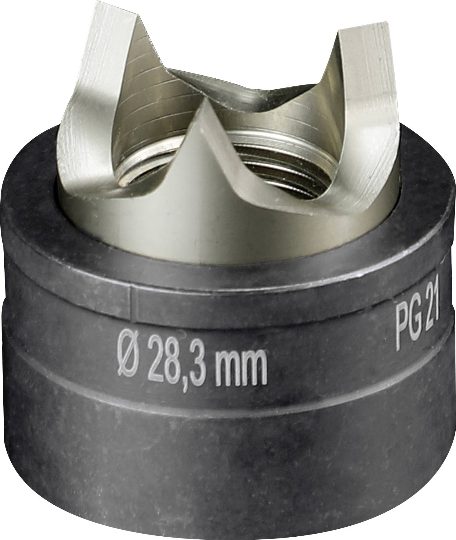 Černé těleso kabelové průchodky se stříbrným šroubením, označené 'Ø 28,3 mm' a 'PG21'.