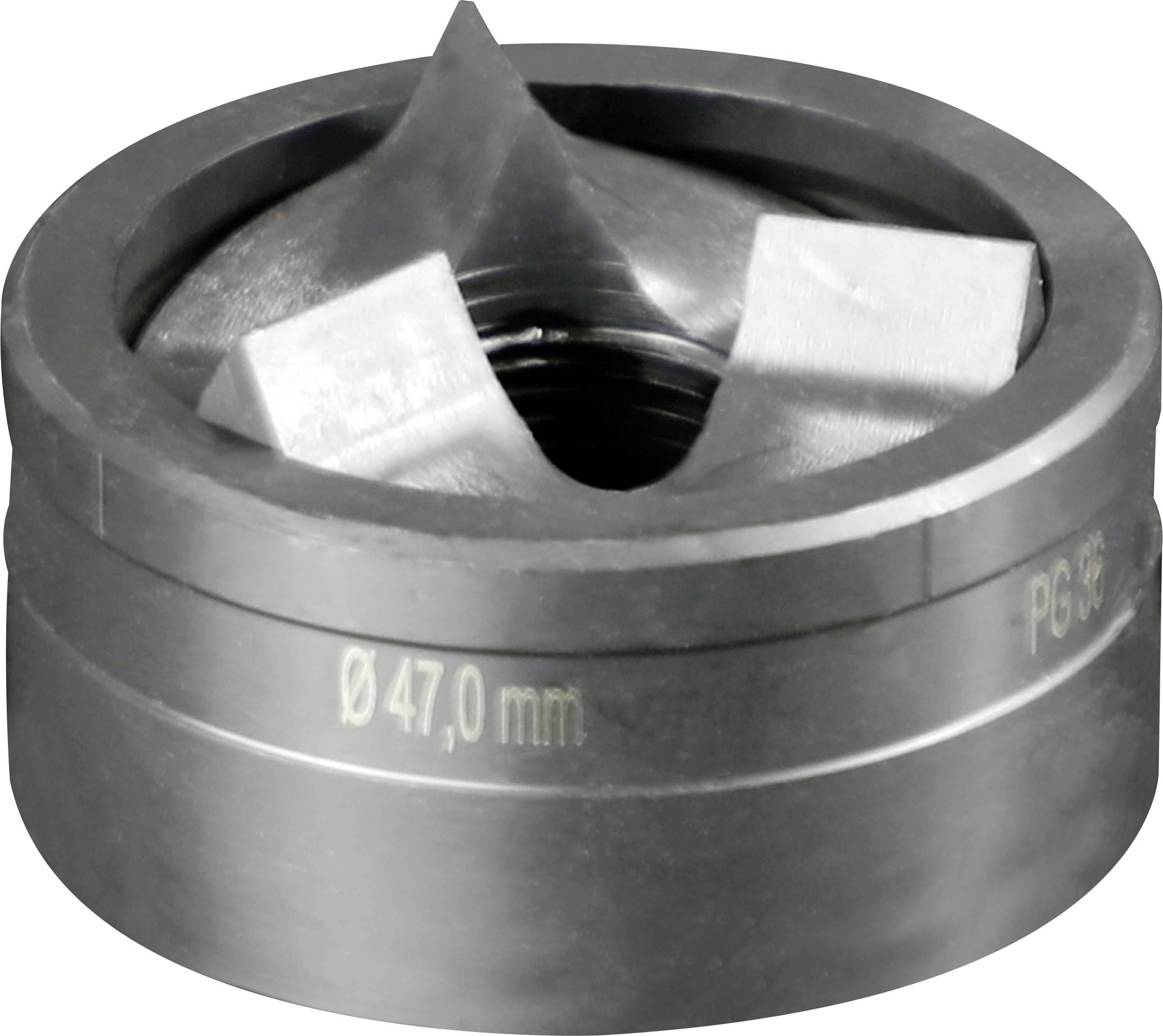 Kovový vrták s kuželovou hlavou a průměrem 47,0 mm. Má ostré řezné hrany a je určen pro vrtací práce.