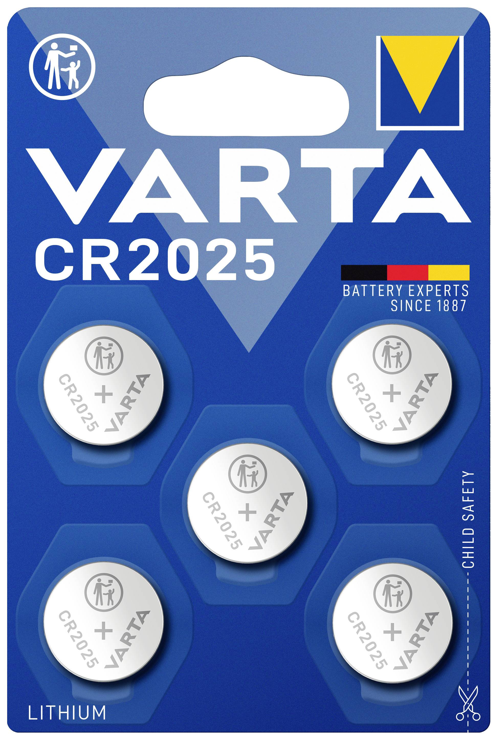 Balení knoflíkových baterií 'Varta' s pěti bateriemi CR2025. Označení zdůrazňuje bezpečnost pro děti a odbornost firmy od roku 1887.