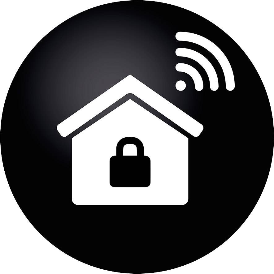 Symbol domu se zámkem a signálem Wi-Fi, který představuje bezpečný a propojený chytrý domácí systém.