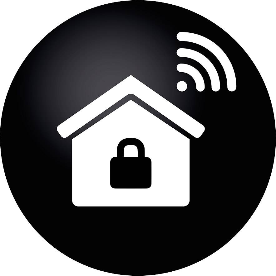 Symbol chytrého domova: Dům s visacím zámkem a signálem Wi-Fi, který znázorňuje bezpečnostní funkce.