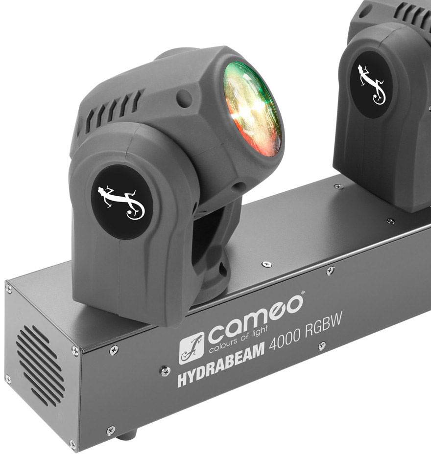 Dva otočné LED reflektory na jedné základně s nápisem 'Cameo Hydrabeam 4000 RGBW', jeden z nich svítí v barvách duhy.