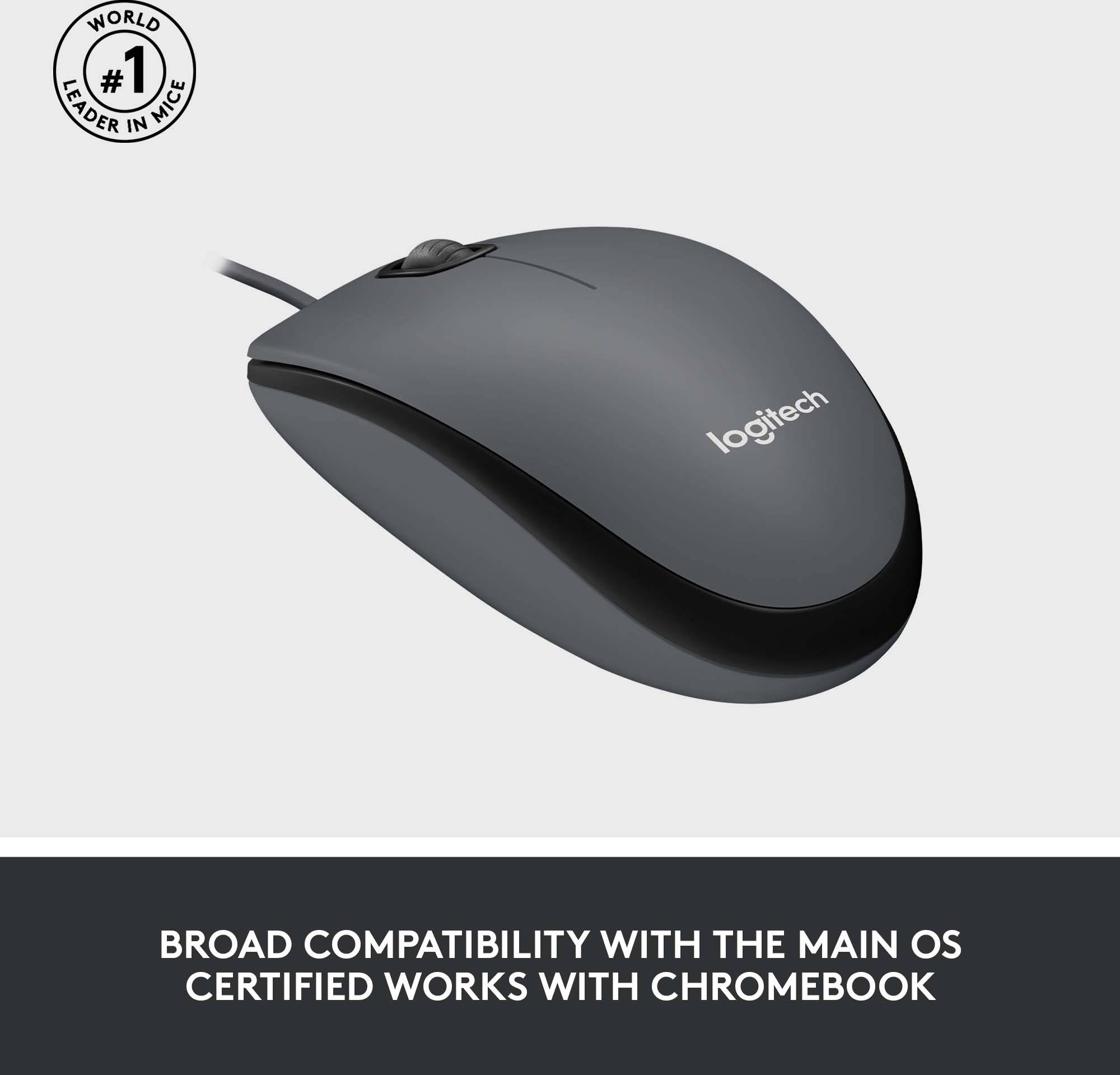 Černá kabelová myš Logitech. Text: 'Komplexní kompatibilita s předními operačními systémy. Certifikace: Funguje s Chromebookem'.