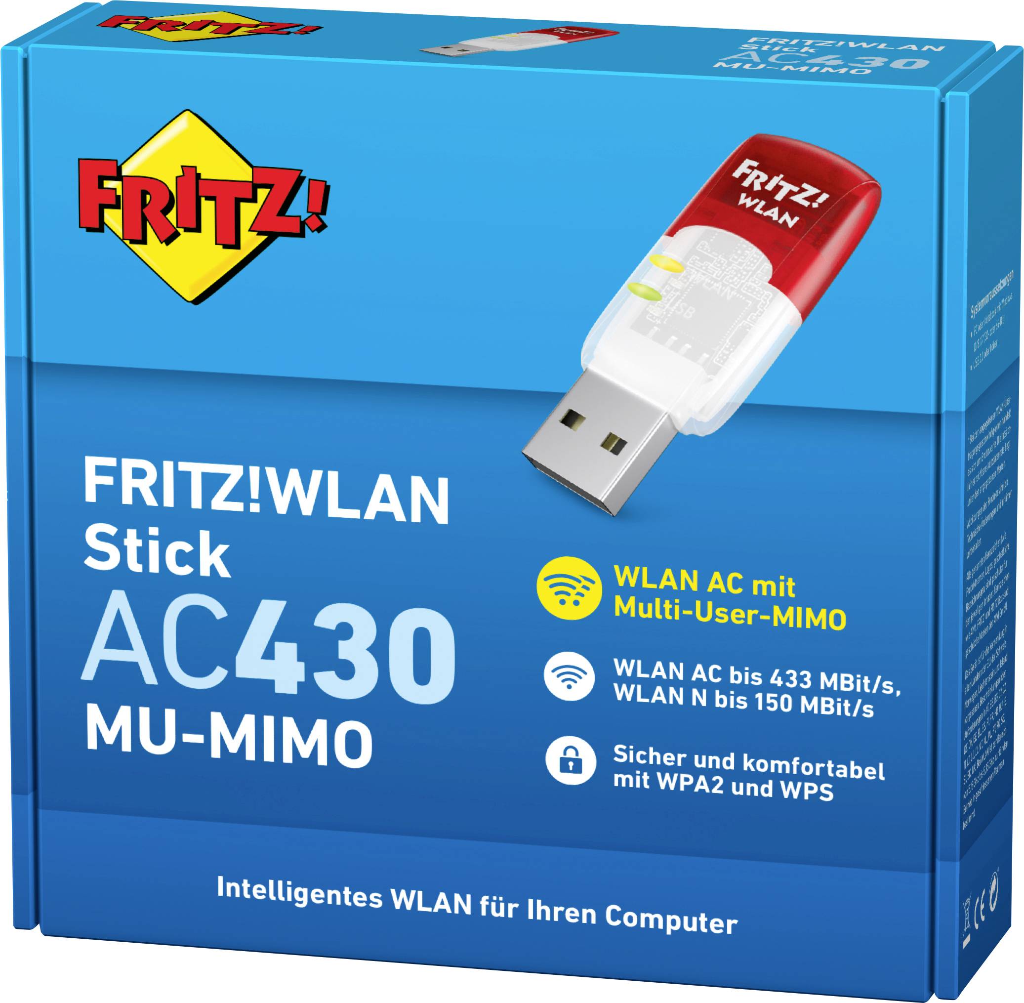 Balení s USB adaptérem 'FRITZ!WLAN Stick AC 430 MU-MIMO'. Potisk: WLAN AC až 433 Mb/s, podpora WPA2 a WPS.