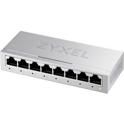 Síťový přepínač 'ZYXEL' s osmi ethernetovými porty, používaný pro připojení více zařízení v lokální síti.