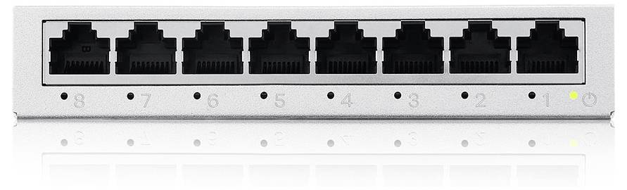 Stříbrný síťový switch s osmi ethernetovými porty, číslovanými od 1 do 8, a malou kontrolkou napájení na pravé straně.