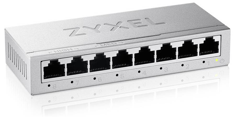 Síťový switch Zyxel s 8 porty, s porty očíslovanými od 1 do 8. Vedle portu 2 je viditelná žlutá indikační kontrolka.