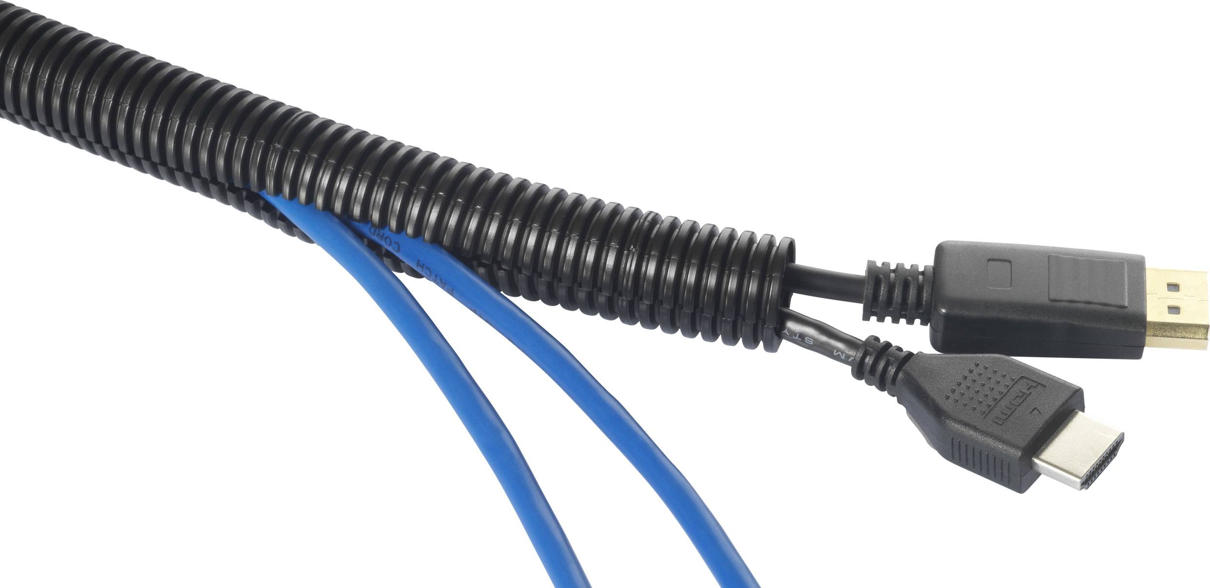 Černý kabelový chránič obaluje dva modré kabely a jeden HDMI kabel, aby zajistil pořádek a ochranu.