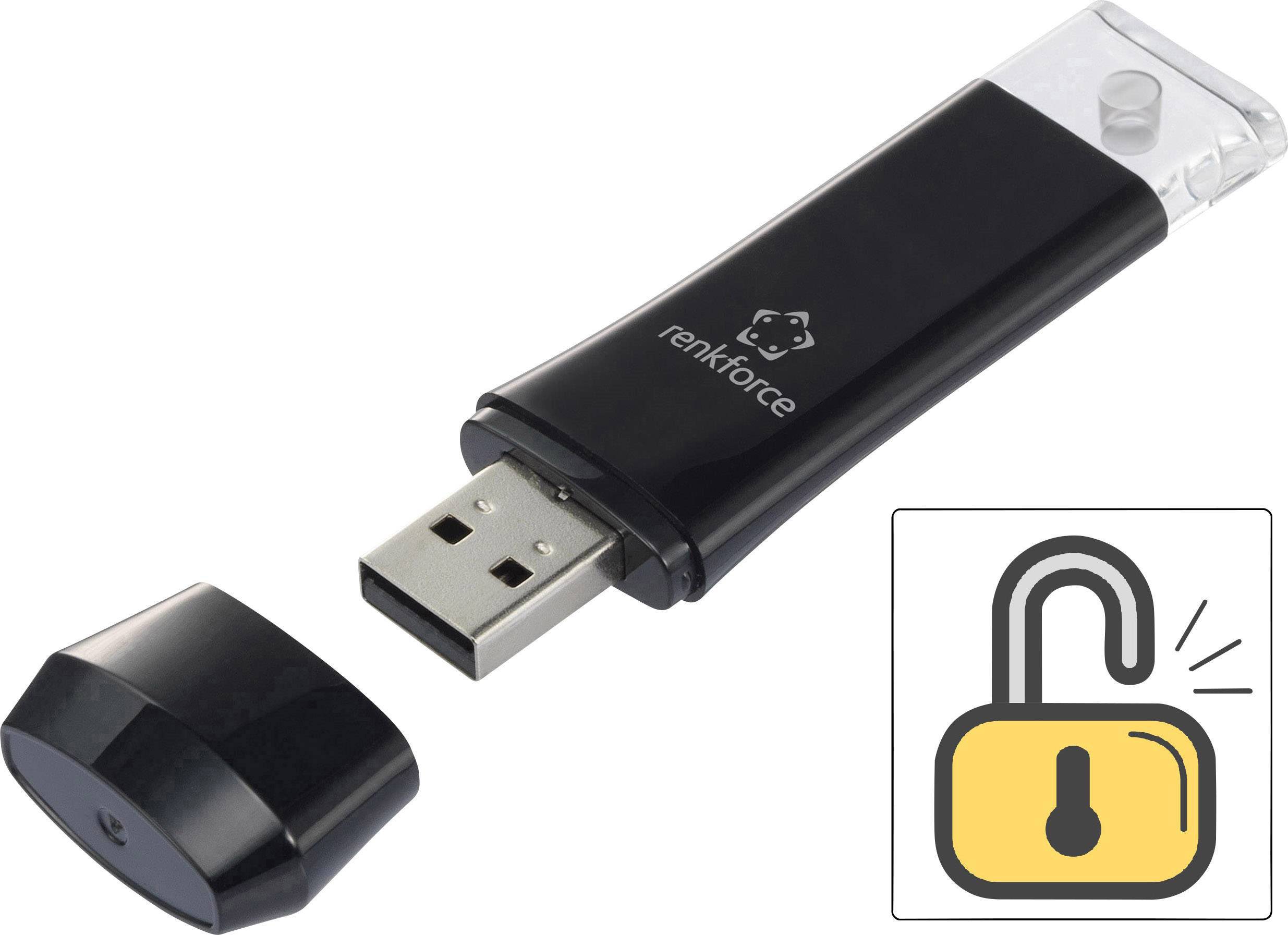 USB flash disk značky 'renkforce' s odejmutou krytkou. V dolní části symbol: otevřený zámek signalizující bezpečnost.