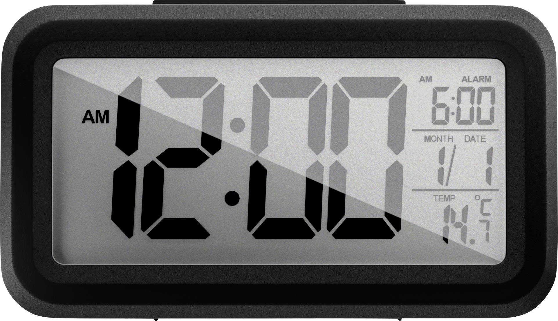 Digitální hodiny zobrazující „12:00 AM". Alarm je nastaven na „6:00 AM". Zobrazené datum je „1/1" a teplota je „17,5 °C".