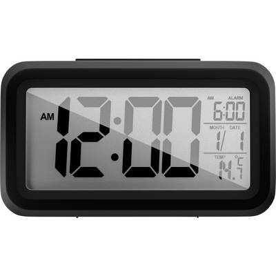Digitální hodiny zobrazující „12:00 AM". Alarm je nastaven na „6:00 AM". Zobrazené datum je „1/1" a teplota je „17,5 °C".