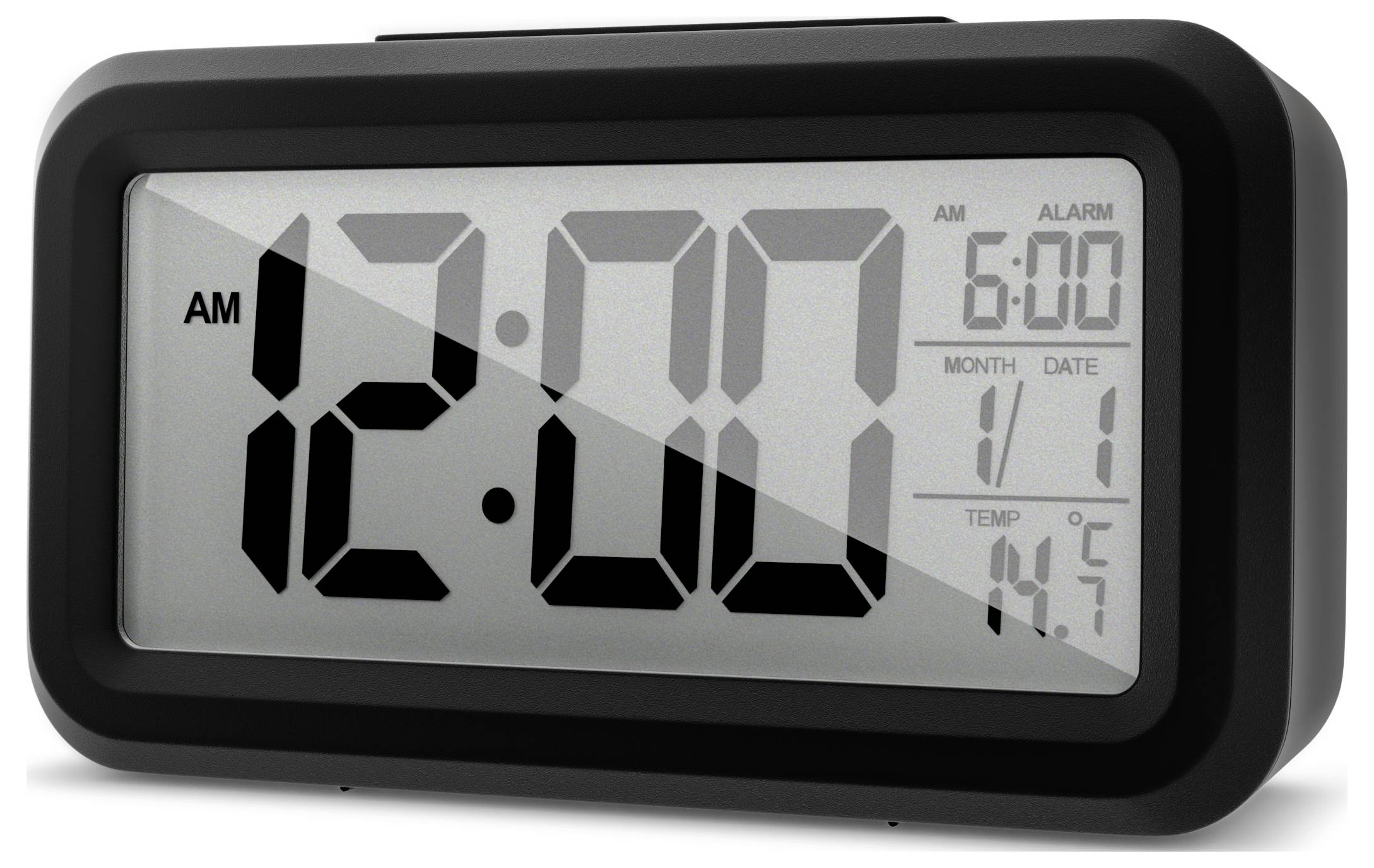 Digitální budík zobrazující "12:00 AM". Budík nastaven na "6:00 AM", s datem "11/1" a teplotou "14,5°C". Černý rám.