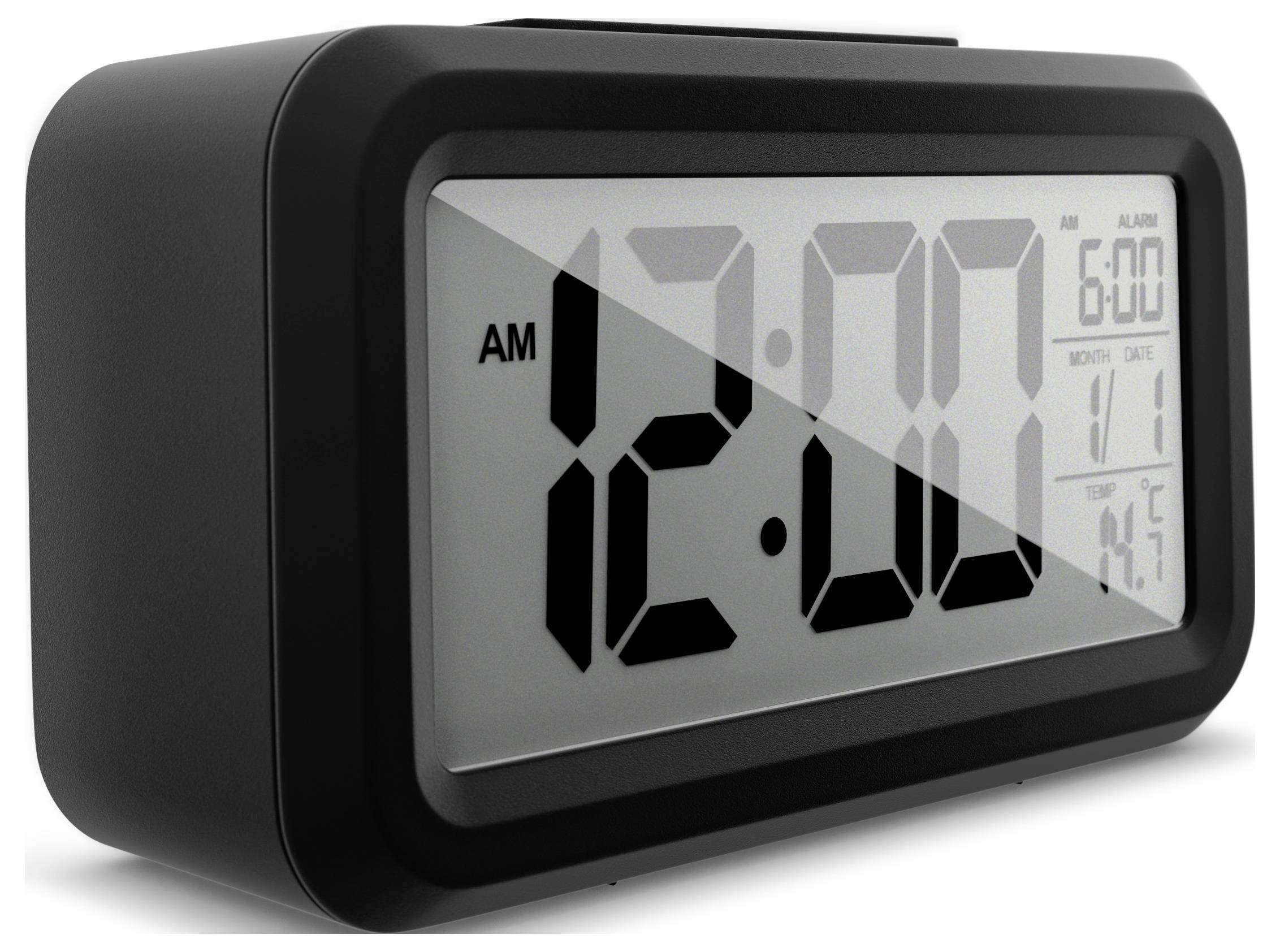 Digitální hodiny zobrazují '12:00 AM', přičemž je alarm nastaven na '6:00 AM'. Zobrazuje také '1/1' a teplotu '0,5°C'.