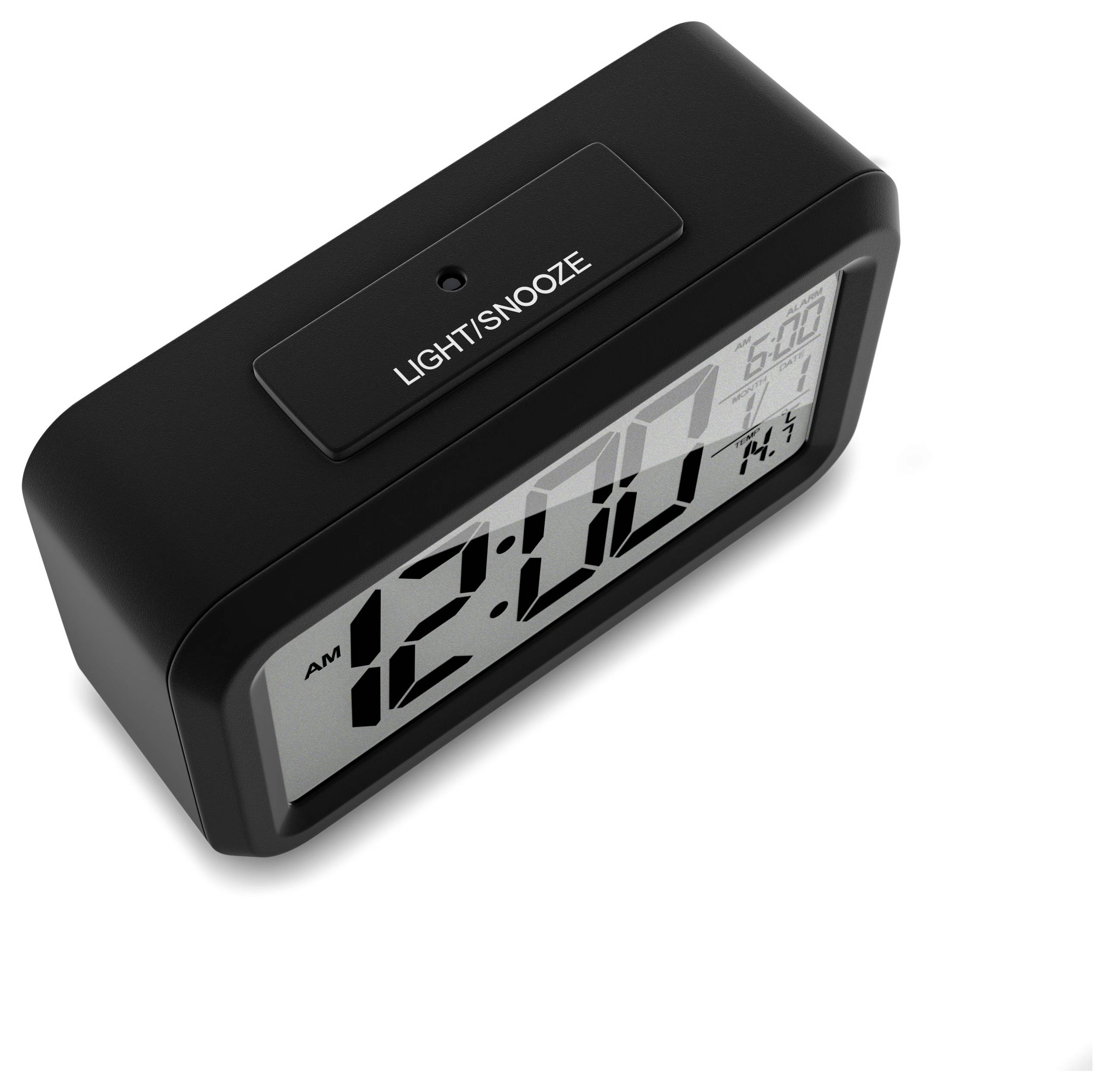 Digitální budík zobrazující "12:00 AM" s tlačítkem "Světlo/Odložit" a menší displej ukazující nastavený alarm na "6:00 AM".