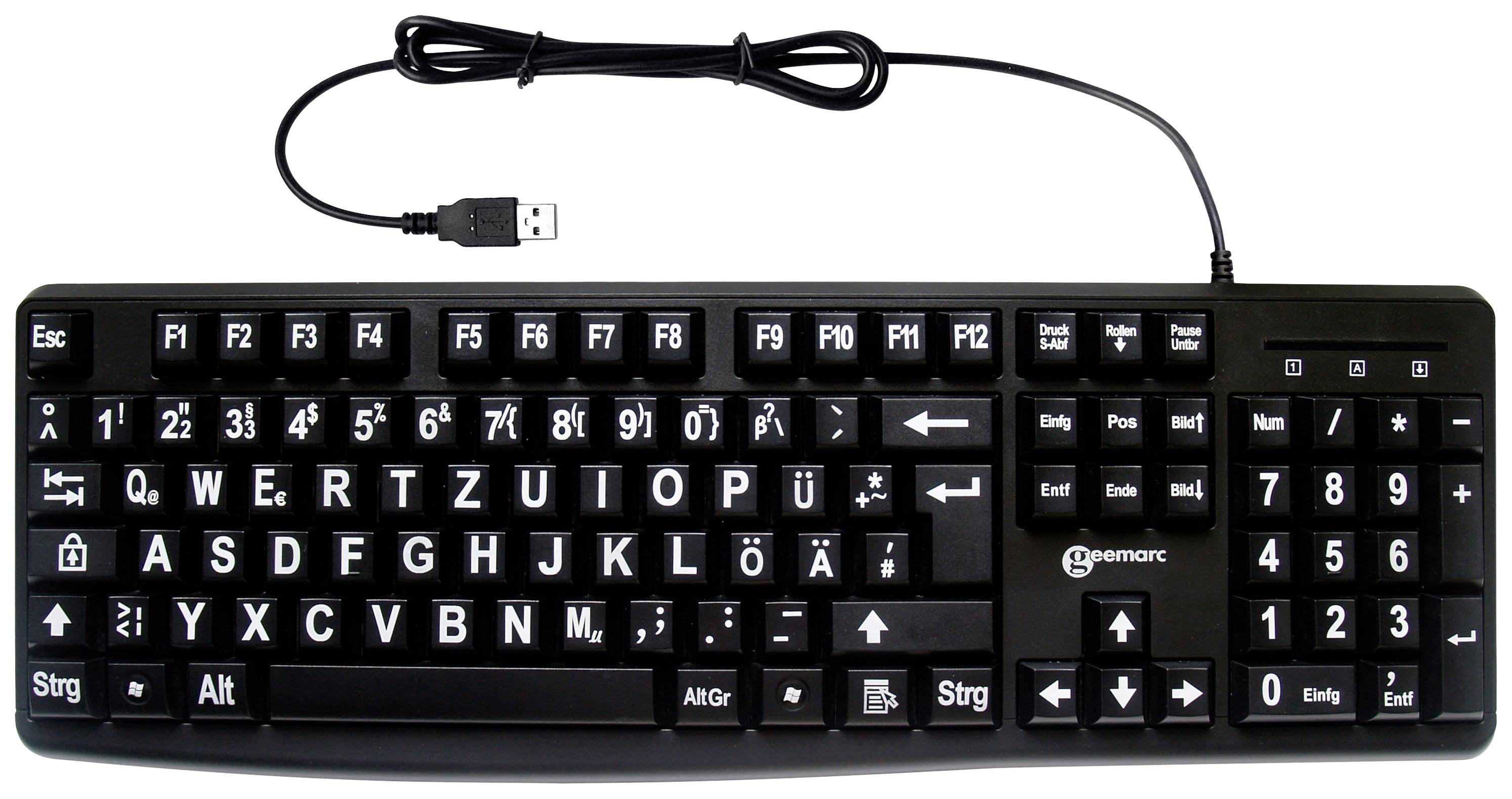 Černá počítačová klávesnice s velkými bílými písmeny a symboly. Rozložení je QWERTZ, vhodné pro zrakově postižené. Obsahuje USB připojení.