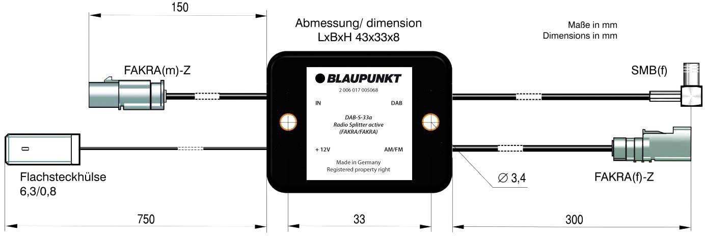 'Blaupunkt DAB inline rozdělovač/filtr rádia' pro automobilové antény. Diagram znázorňuje přípojky: Fakra(m)-Z, Fakra(f)-Z a SMB(f), délky v mm.