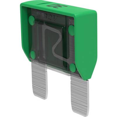 Zelená plochá pojistka s kovovými kolíky a průhledným středem. Nápis '32V'. Používá se k jištění elektrických obvodů.
