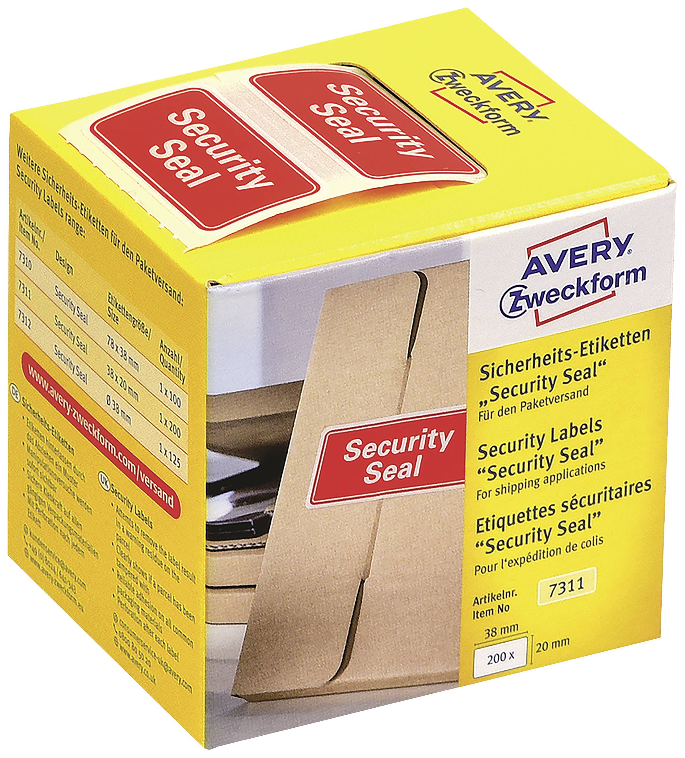 Žlutý obal od společnosti Avery Zweckform s nápisem 'Security Seal'. Obsahuje bezpečnostní etikety pro zasílání balíků.