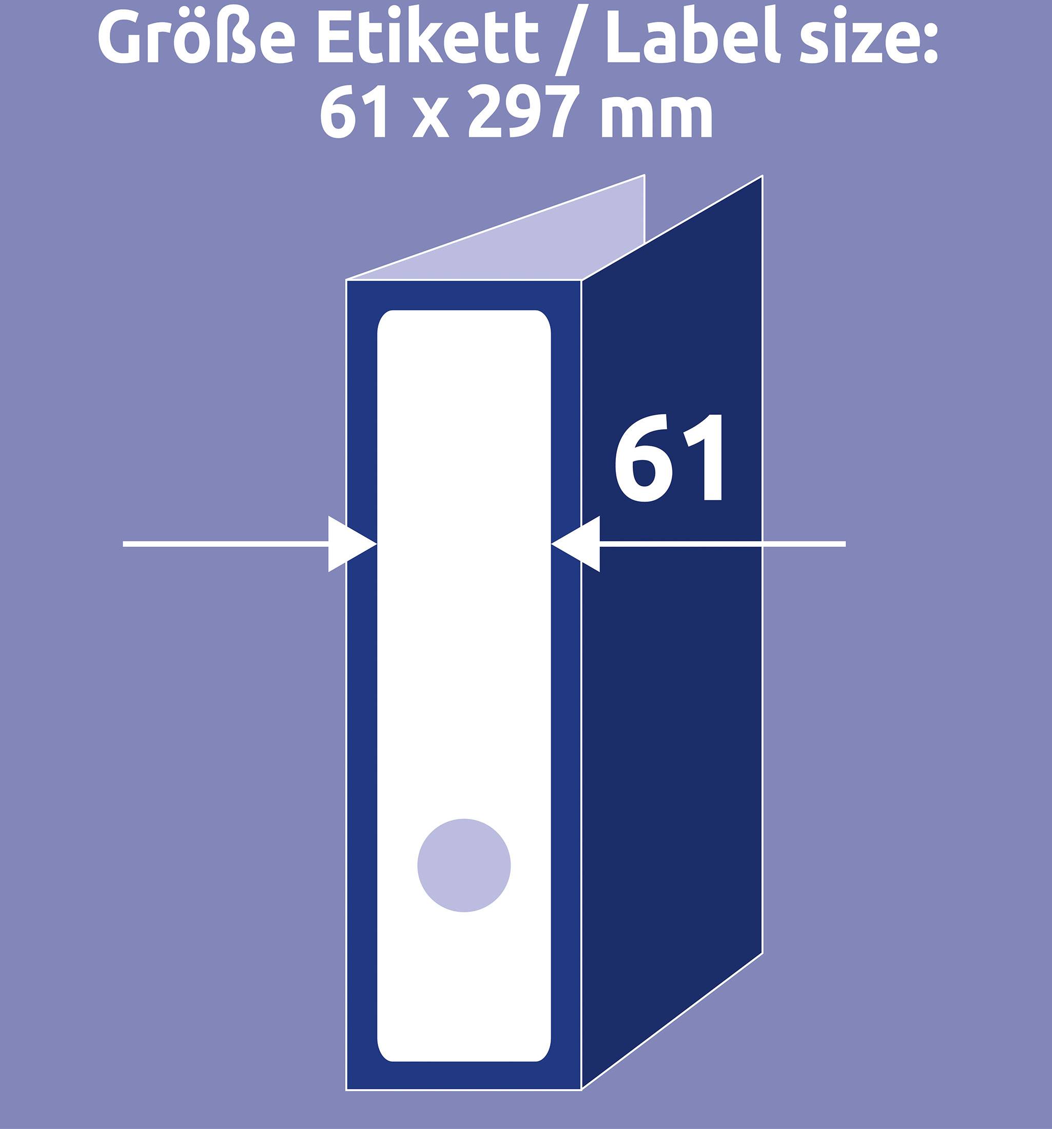 Modrý štítek na pořadači o rozměrech 61 x 297 mm je zobrazen.