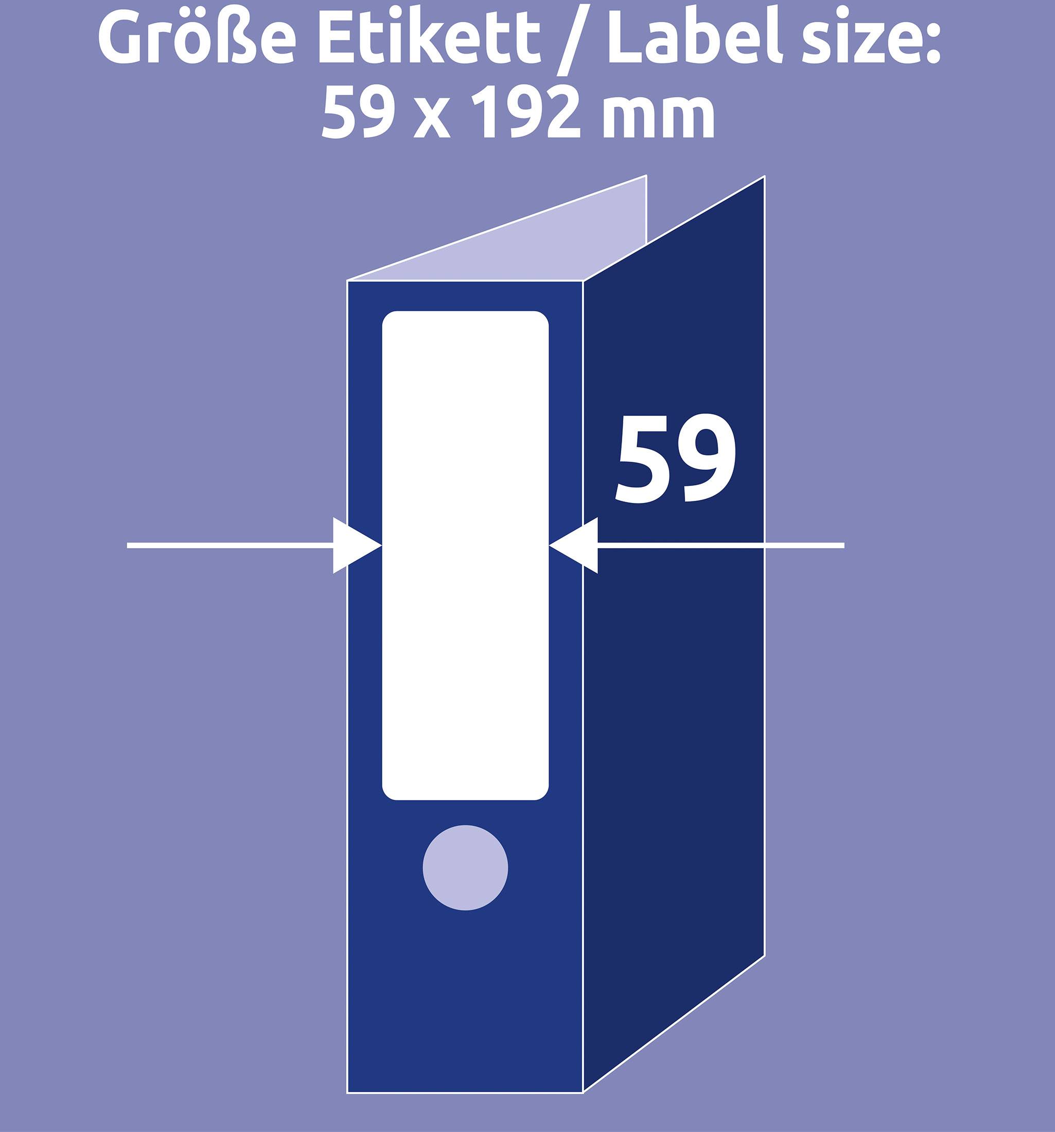 'Velikost etikety: 59 x 192 mm' je napsáno nad ilustrací pořadače, která zvýrazňuje velikost etikety 59 mm.