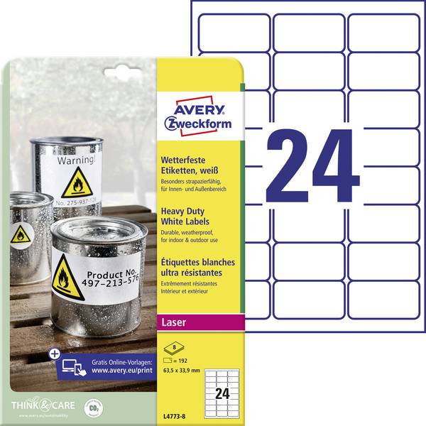 Avery-Zweckform L4773-8 Fóliové etikety  63.5 x 33.9 mm poylesterová fólie bílá 192 ks trvalé barevná laserová tiskárna, laserová tiskárna, barevná kopírka, kopírka, ruční popis