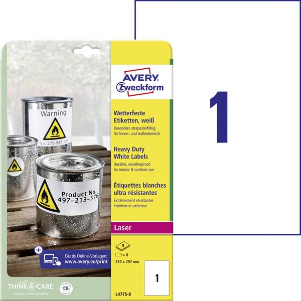 Avery-Zweckform L4775-8 Fóliové etikety  210 x 297 mm poylesterová fólie bílá 8 ks trvalé barevná laserová tiskárna, laserová tiskárna, barevná kopírka, kopírka, ruční popis