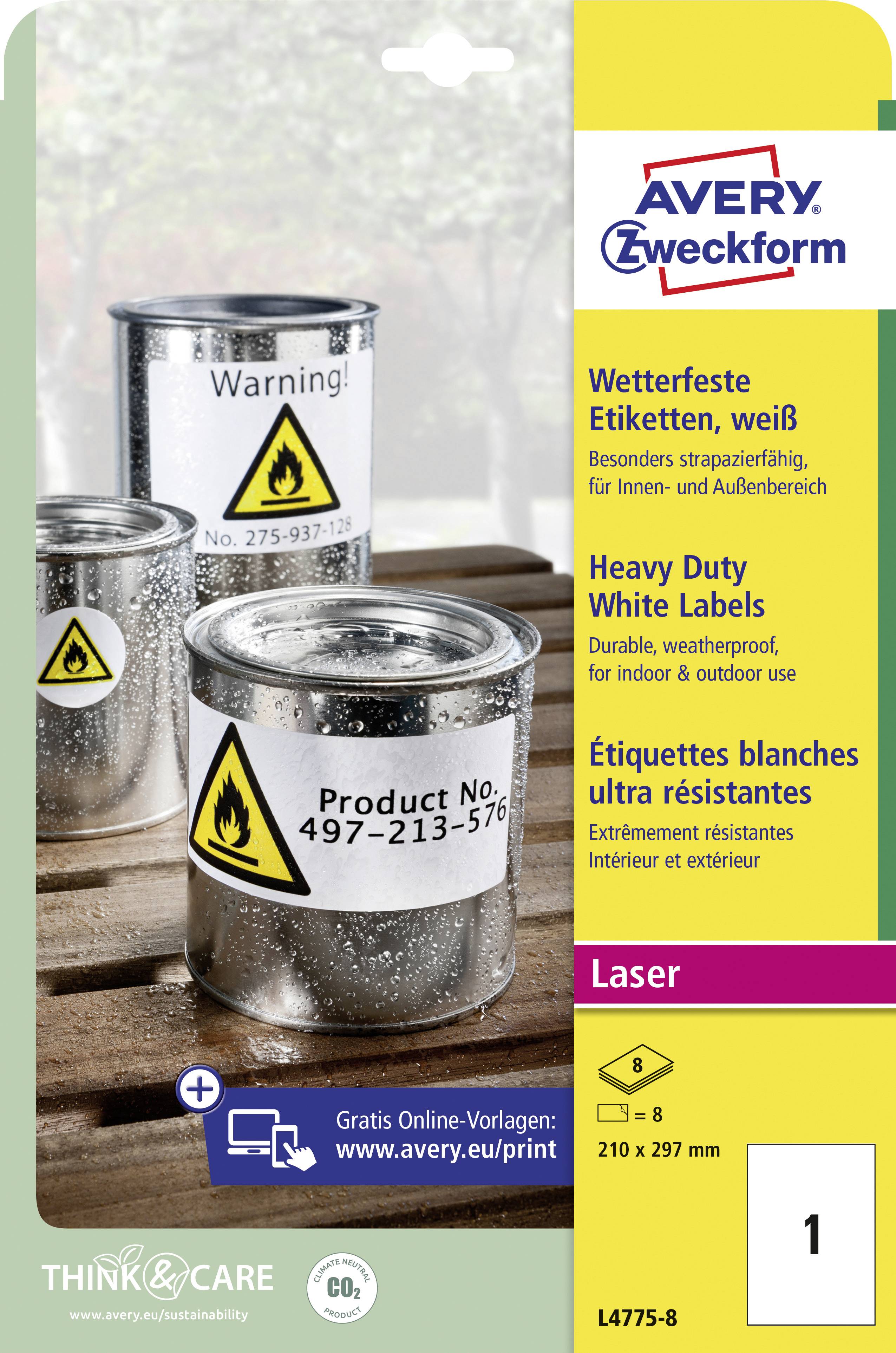 Tři stříbrné dózy s výstražnými štítky na stole. Jedna nese nápis 'Product No. 497-213-576'. Balení štítků Avery Zweckform v pozadí.