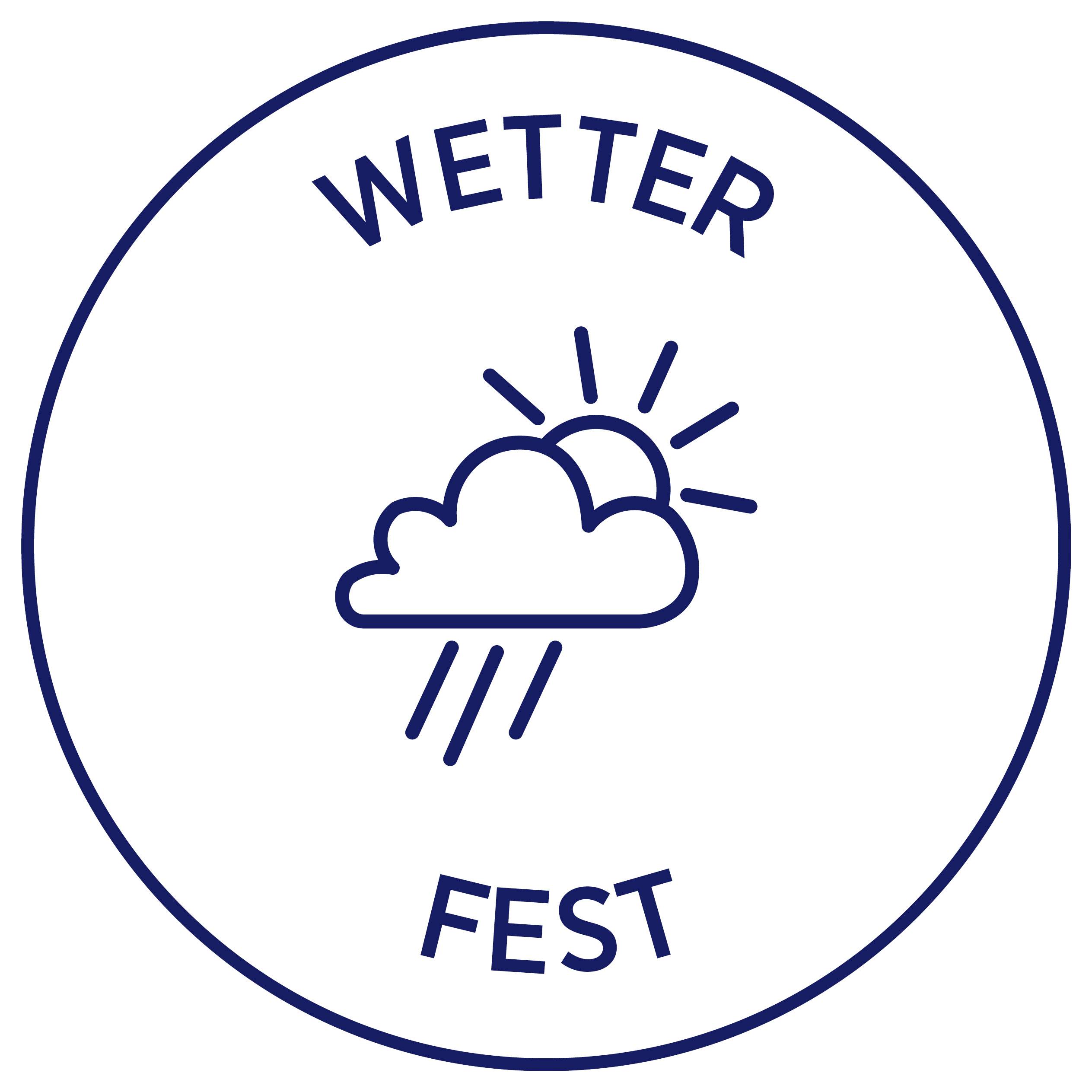 Kulaté počasí symbol se slovy 'POČASÍ' a 'STÁLÉ'; Mrak se sluncem a deštěm, znamená stálé počasí.