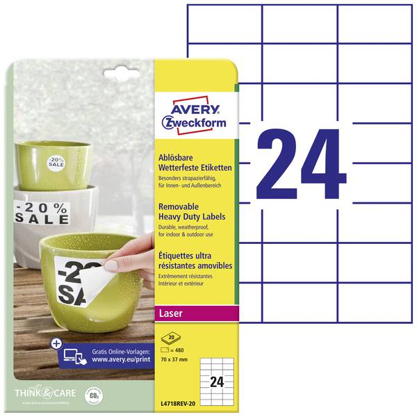 Avery-Zweckform L4718REV-20 Fóliové etikety  70 x 37 mm poylesterová fólie bílá 480 ks přemístitelné barevná laserová tiskárna, laserová tiskárna, barevná kopírka, kopírka, ruční popis
