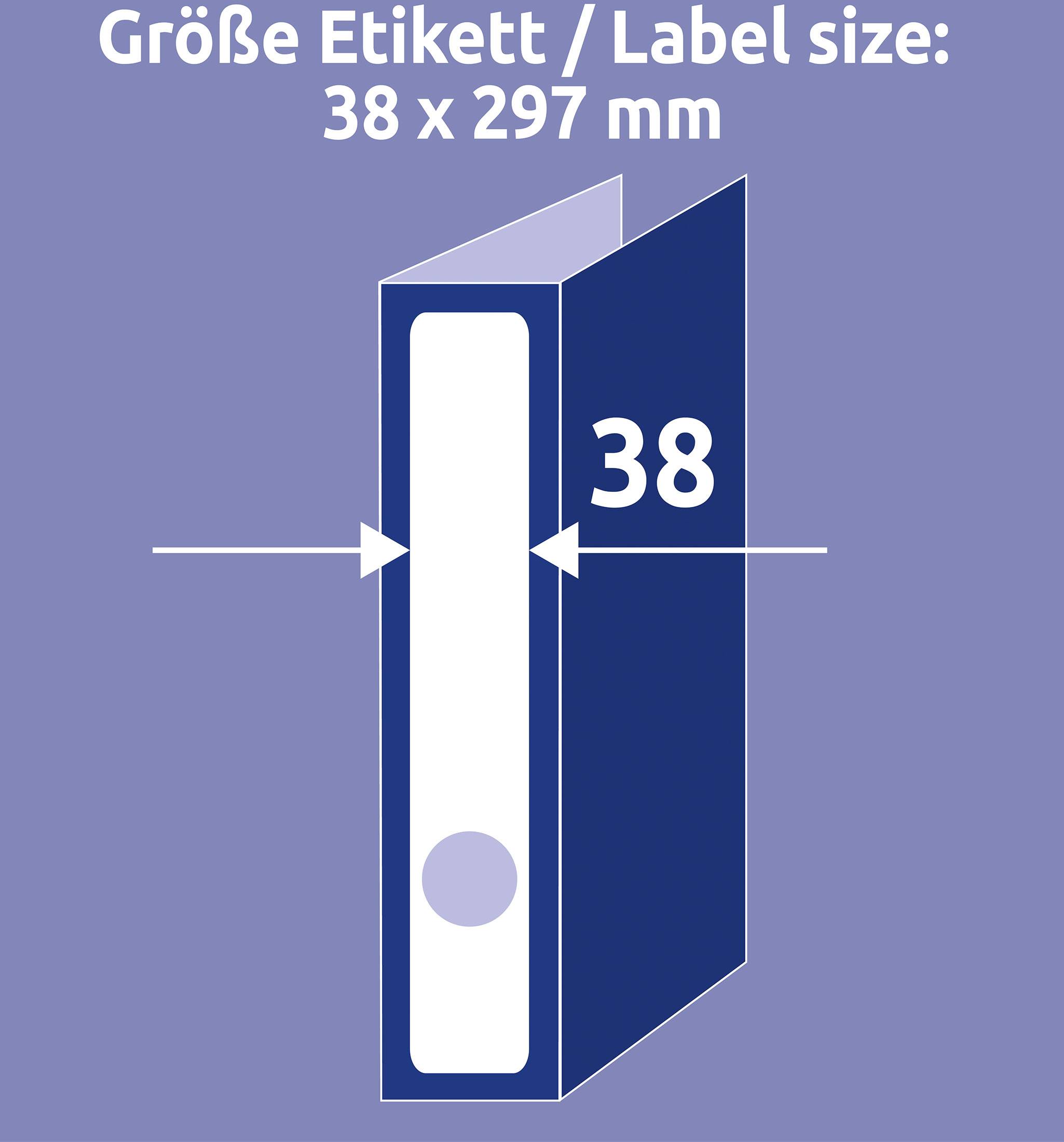 Štítek "Šířka hřbetu pořadače 38 x 297 mm" zobrazuje šířku hřbetu šanonu.