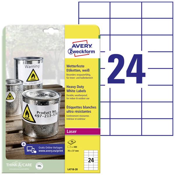 Avery-Zweckform L4718-20 Fóliové etikety  70 x 37 mm poylesterová fólie bílá 480 ks trvalé barevná laserová tiskárna, laserová tiskárna, barevná kopírka, kopírka, ruční popis