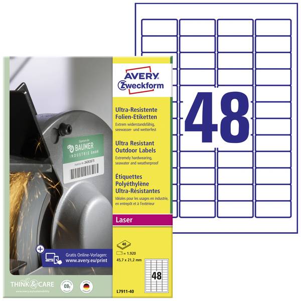 Avery-Zweckform L7911-40 Fóliové etikety  45.7 x 21.1 mm polyethylenová fólie bílá 1920 ks trvalé barevná laserová tiskárna, laserová tiskárna, barevná kopírka, kopírka, ruční popis