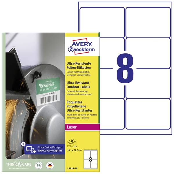 Avery-Zweckform L7914-40 Fóliové etikety  99.1 x 67.7 mm polyethylenová fólie bílá 320 ks trvalé barevná laserová tiskárna, laserová tiskárna, barevná kopírka, kopírka, ruční popis