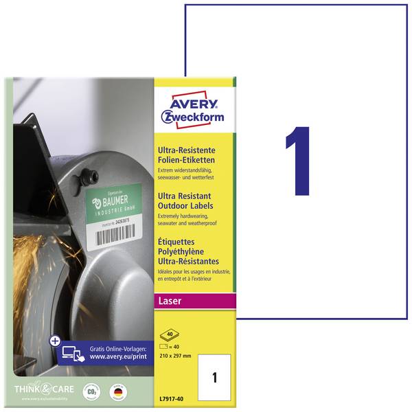 Avery-Zweckform L7917-40 Fóliové etikety  210 x 297 mm polyethylenová fólie bílá 40 ks trvalé barevná laserová tiskárna, laserová tiskárna, barevná kopírka, kopírka, ruční popis