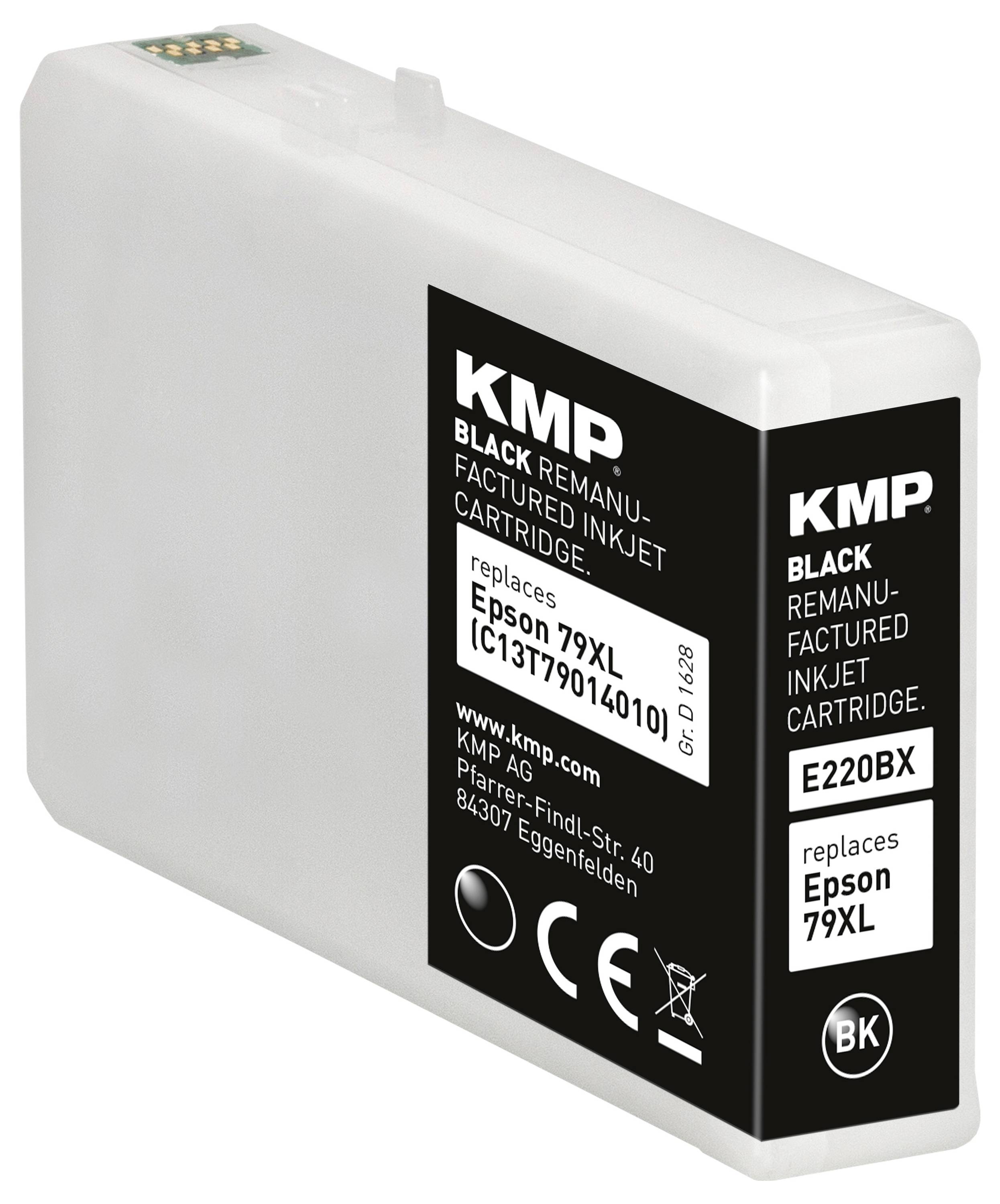 Černá repasovaná inkoustová kazeta KMP, model E220BX, nahrazuje Epson 79XL. Obal produktu uvádí podrobnosti o kompatibilitě.