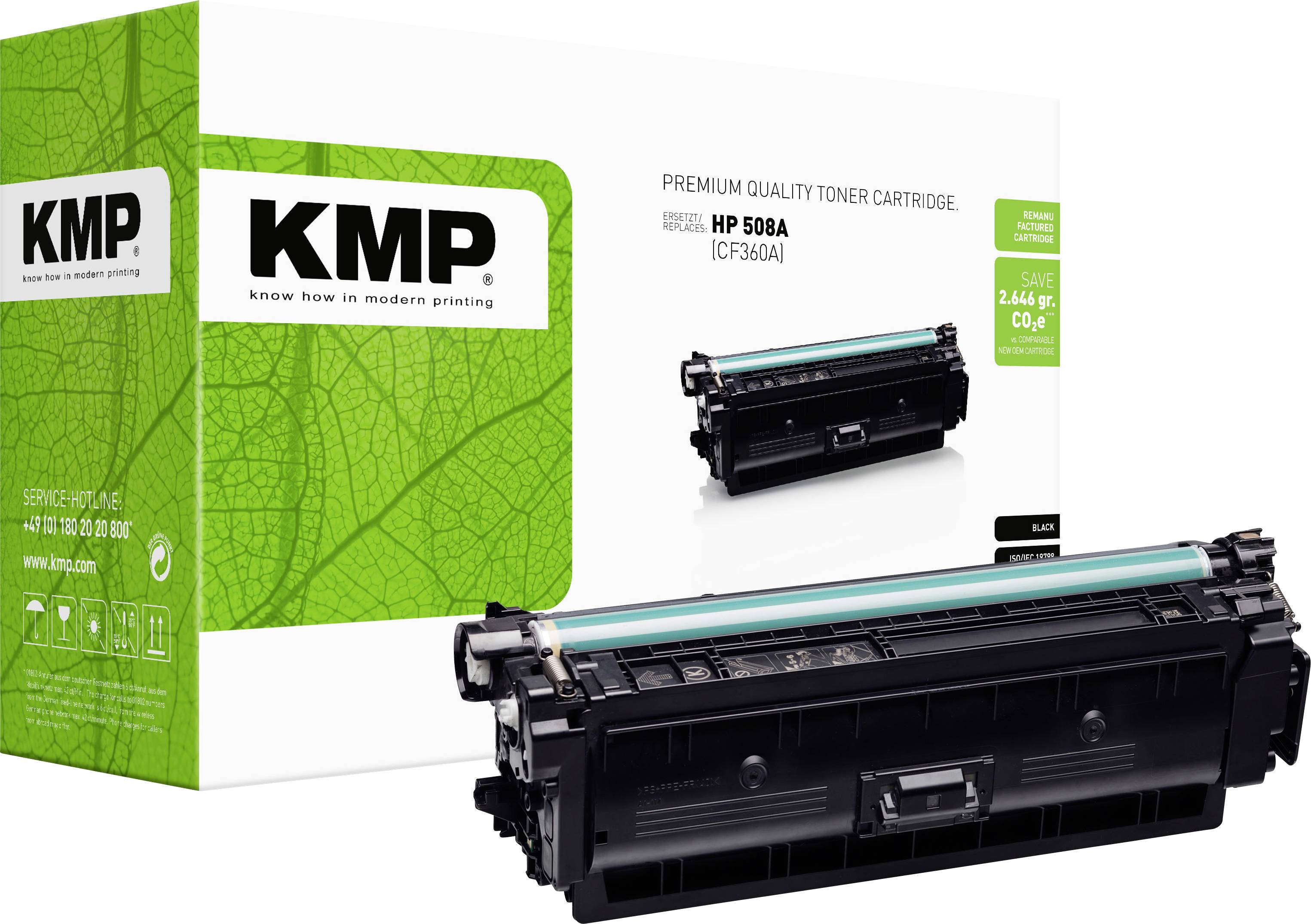 Balení prémiové kvality toneru KMP s černou cartridží tiskárny zobrazenou vpředu, označenou pro HP 508A/CF360A.