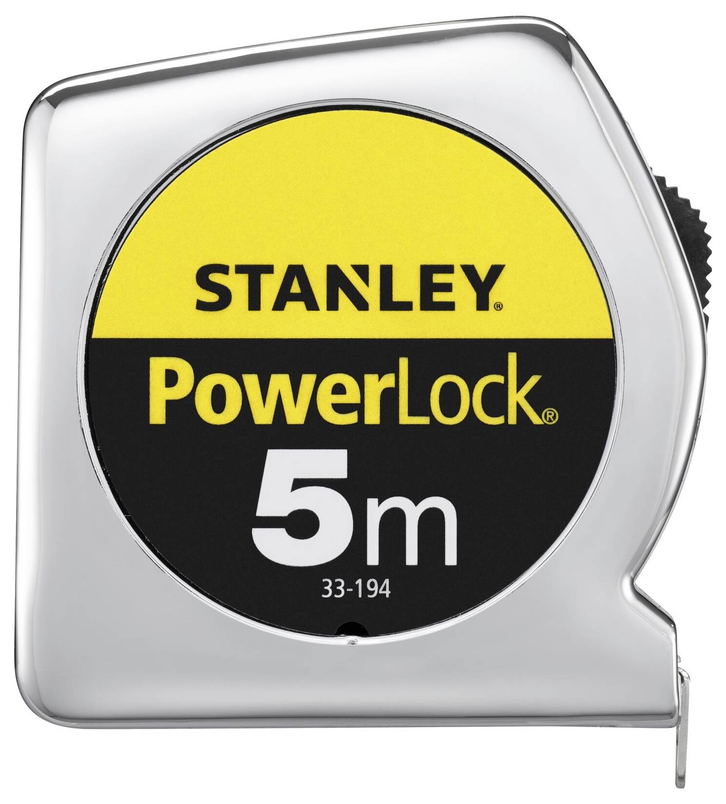 Stříbrný svinovací metr se žlutým štítkem, na kterém je napsáno 'Stanley PowerLock 5m'.