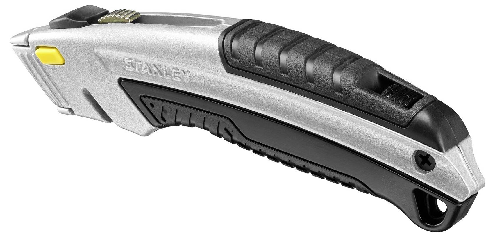 Stříbrno-černý řezací nůž s ergonomickou rukojetí a žlutým bezpečnostním tlačítkem. Vhodný pro řezání lepenky nebo koberce.