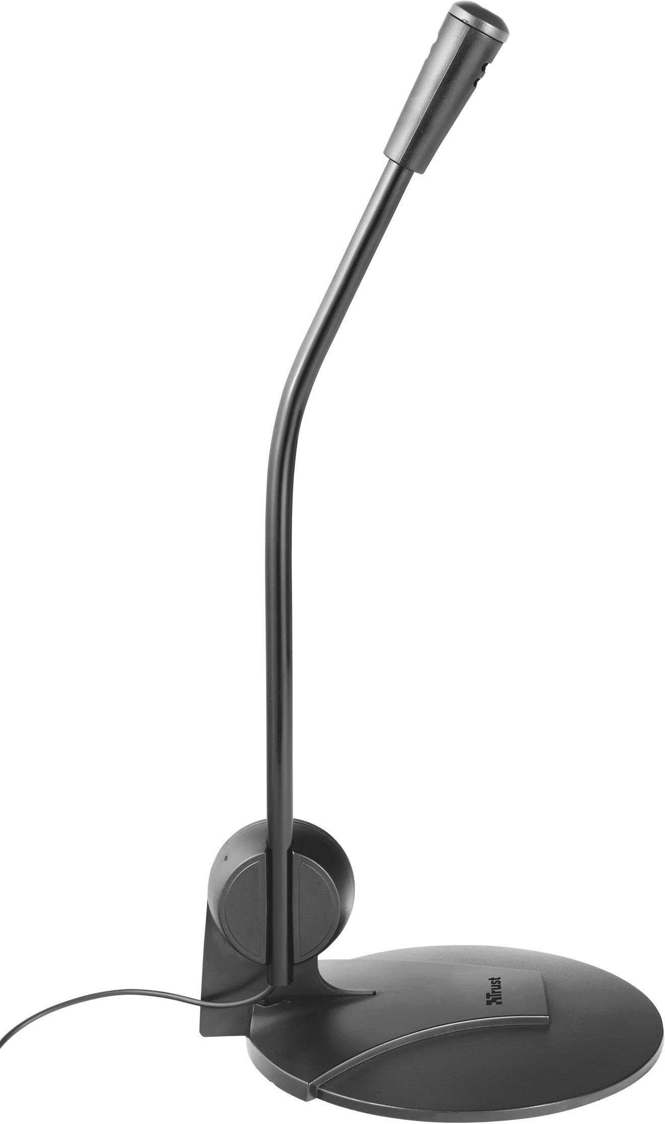 Černý stolní mikrofon s flexibilním husím krkem a stabilní kulatou základnou, vhodný pro hlasové nahrávky nebo virtuální schůzky.
