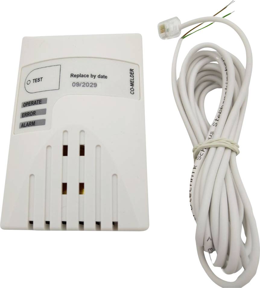 Detektor oxidu uhelnatého s indikací 'Vyměnit do 09/2029', vedle něj zkroucený kabel. Vhodný pro monitorování oxidu uhelnatého.