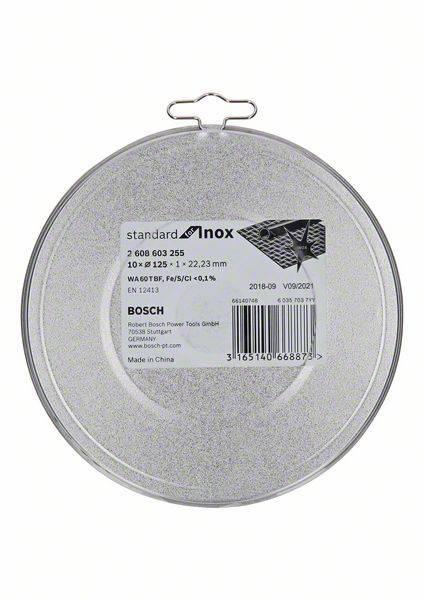 Řezný kotouč na kov s označením 'standard inox'. Rozměry: 125 x 1,5 x 22,23 mm. Výrobce: Bosch. Obal obsahuje čárový kód a výrobní informace.