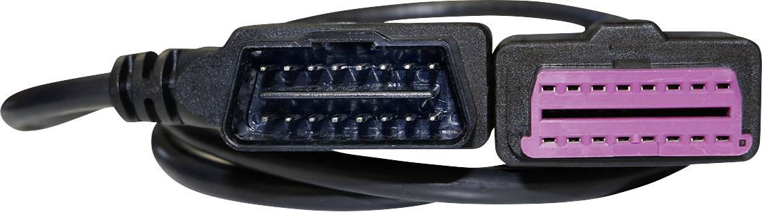 Diagnostický kabel OBD-II s černým a růžovým konektorem pro připojení vozidel s diagnostickými systémy.