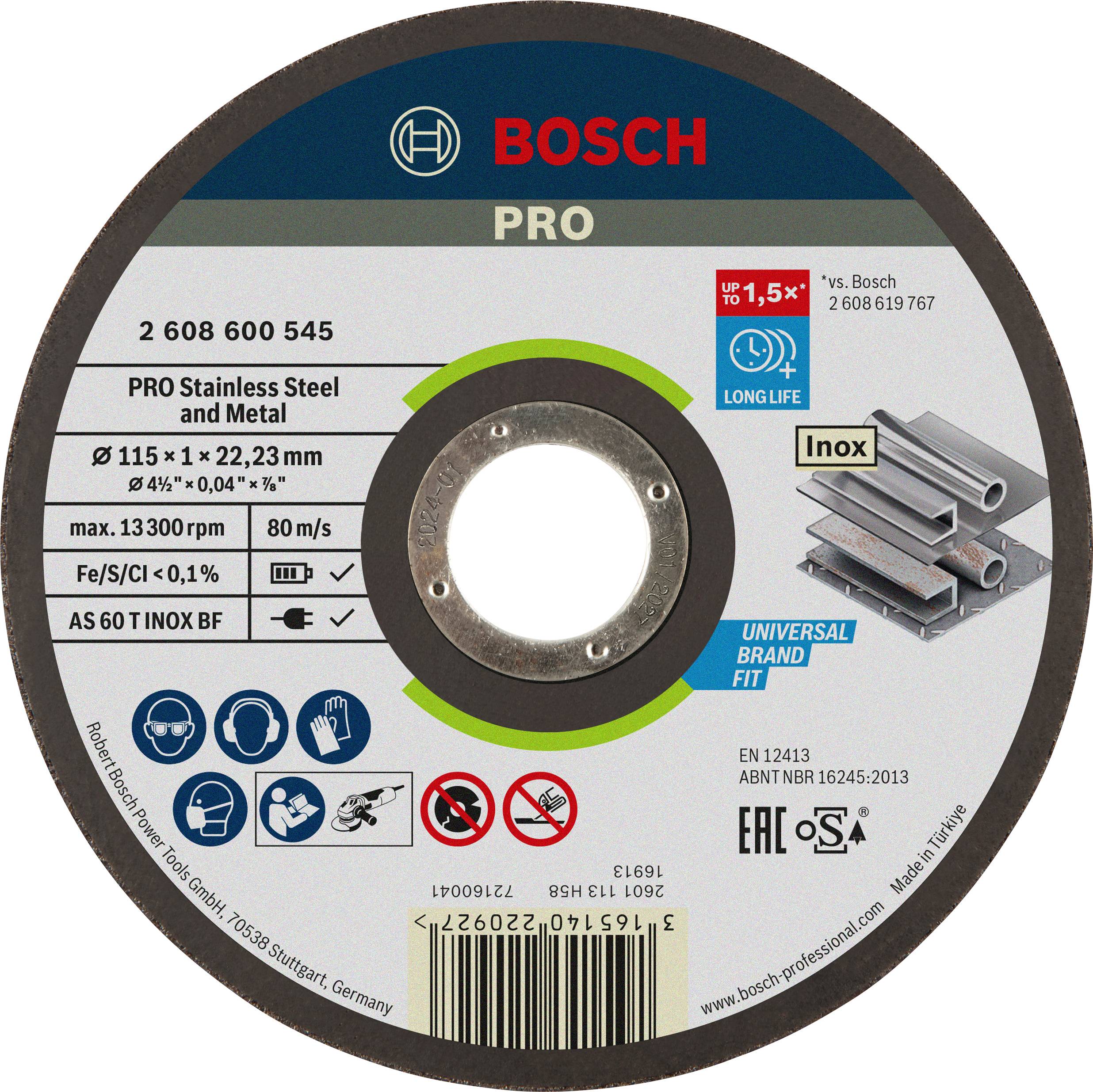 'Bosch PRO řezný kotouč na nerez a kov, 115 x 1 mm, max. 13.300 ot./min, vhodný pro universální přístroje, certifikovaný Inox'