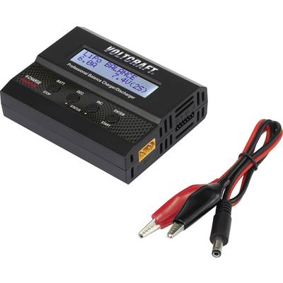 Nabíjecí adaptér značky Voltcraft s displejem zobrazuje 'LiPo Balance' a '3.7V 6.6A'. Vedle něj leží červené a černé krokosvorky.