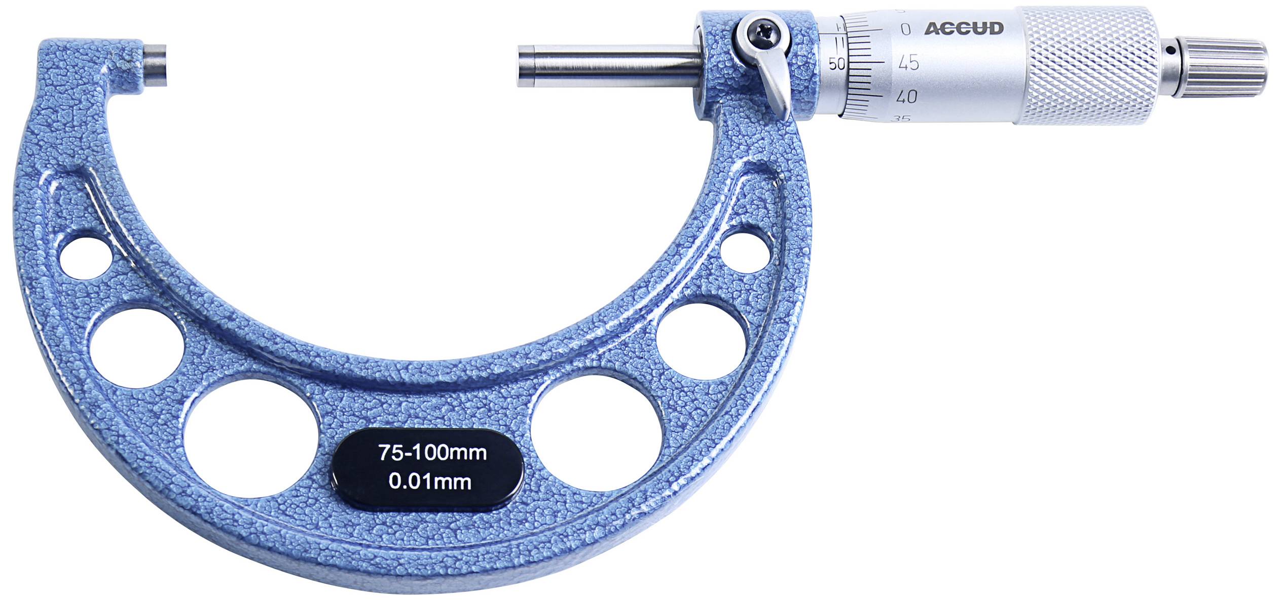 Mikrometr s modrým kovovým rámečkem, rozsah měření 75-100 mm, rozlišení 0,01 mm, určený pro přesná měření v technických aplikacích.