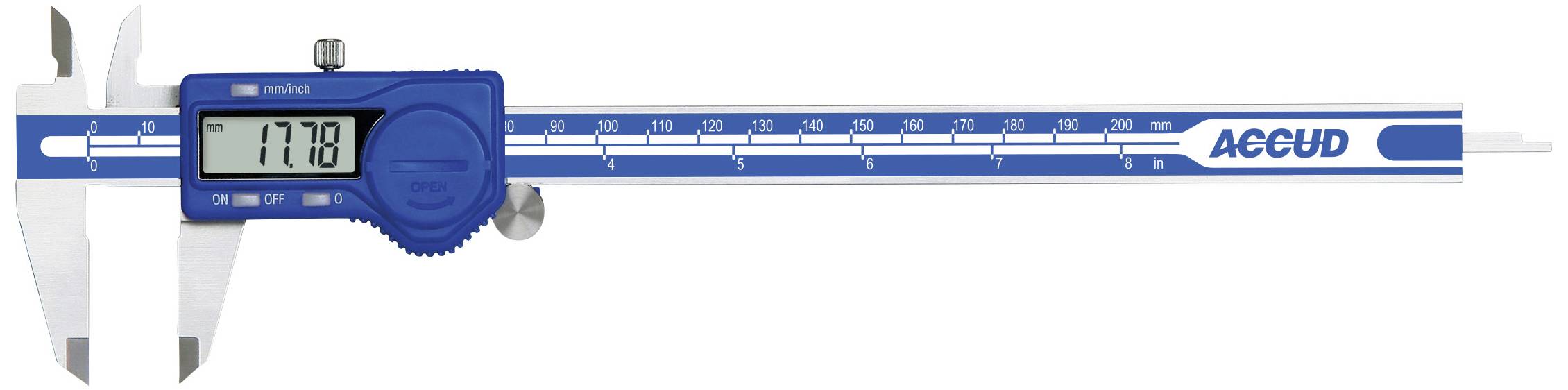 Digitální posuvné měřítko s modrým pouzdrem ukazuje měření 177,8 mm.