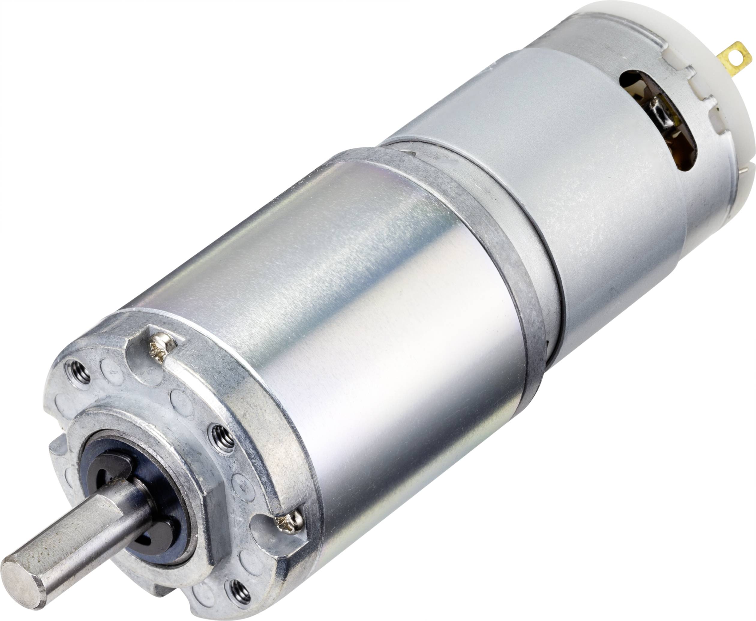 Stříbrný elektromotor válcovitého tvaru s viditelnou hřídelí v popředí, vhodný pro mechanické aplikace.
