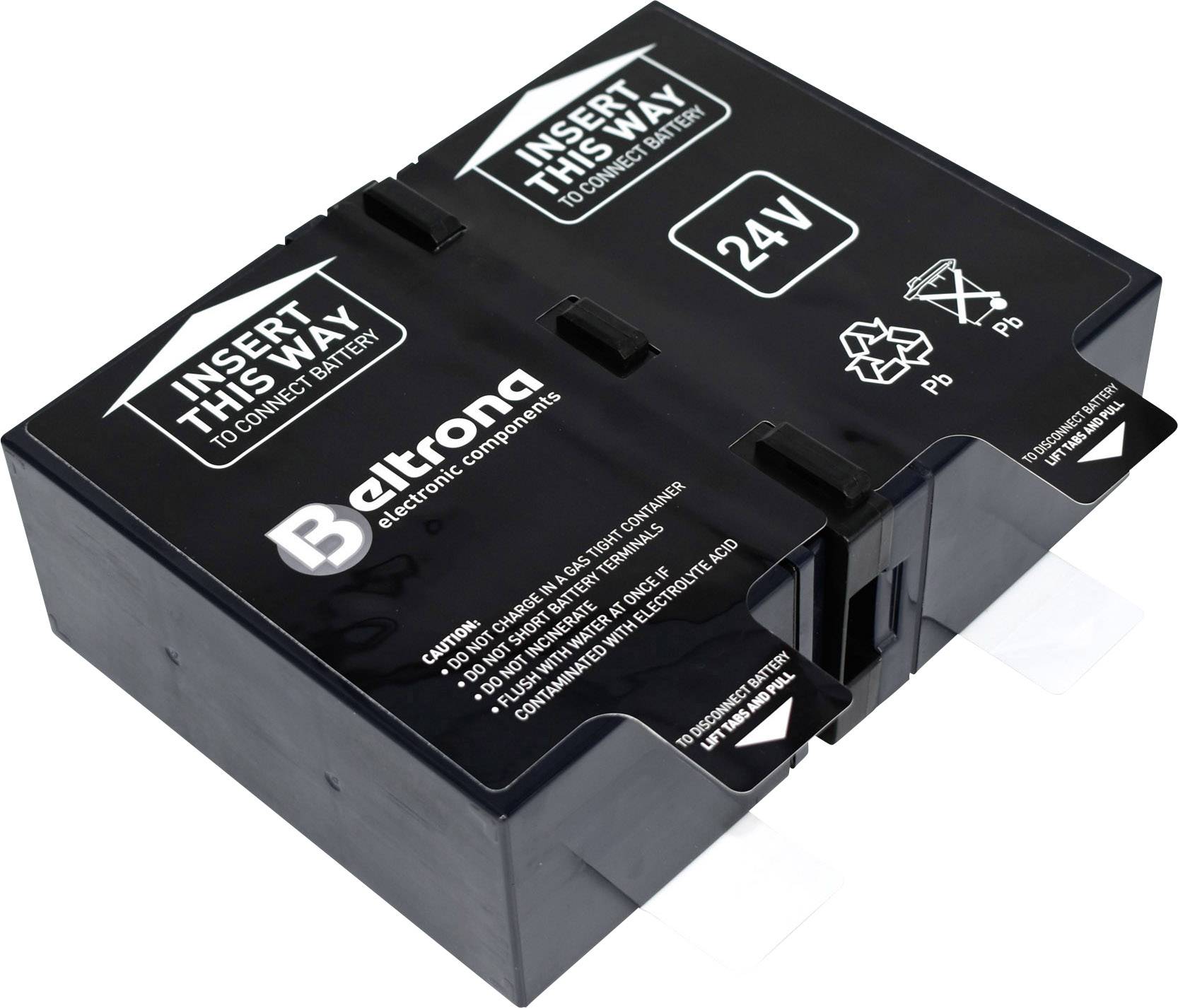 Černá elektronická komponenta s nápisem 'Beltrona' a výstražnými upozorněními, zobrazující pokyny pro správné připojení a informace o baterii.