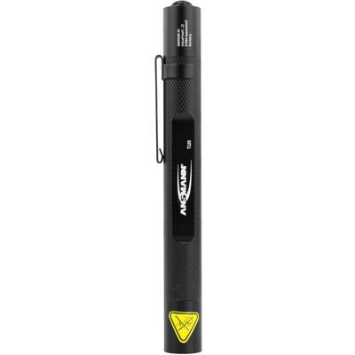 Černá svítilna ve tvaru pera s klipem a žlutým výstražným symbolem pro laserové záření.